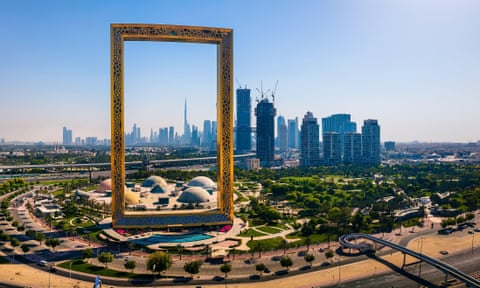 The Dubai skyline seen through the giant Dubai Frame building