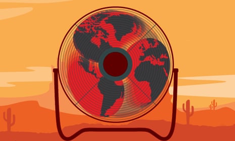 Illustration by Observer Design of the planet Earth depicted inside a fan, with red hot zones and a sweltering desert backdrop