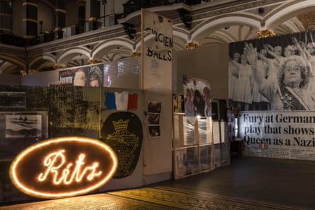 Part of the exhibition, It’s Not My Problem Anymore, Deal With Your Own Shit, showing a blown-up reproduction of the headline ‘Fury at German play that shows Queen as a Nazi