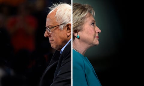 Hillary Clinton and Bernie Sanders facing opposite directions - composite