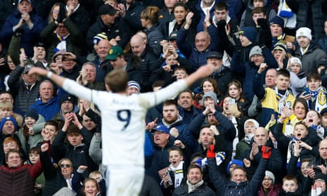 Leeds United's Patrick Bamford celebrates scoring their equaliser in front of the happy lLeeds fans.