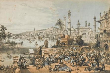 artwork shows crowd of people clashing in front of buildings on broad landscape