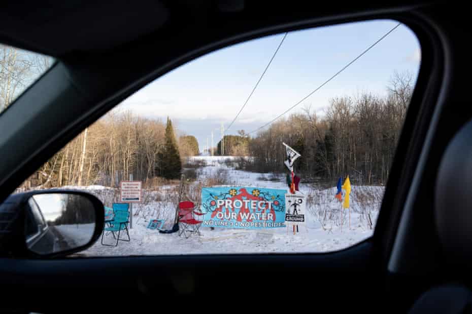 Banners and signs in protest of Line 3 in Palisade, Minnesota.