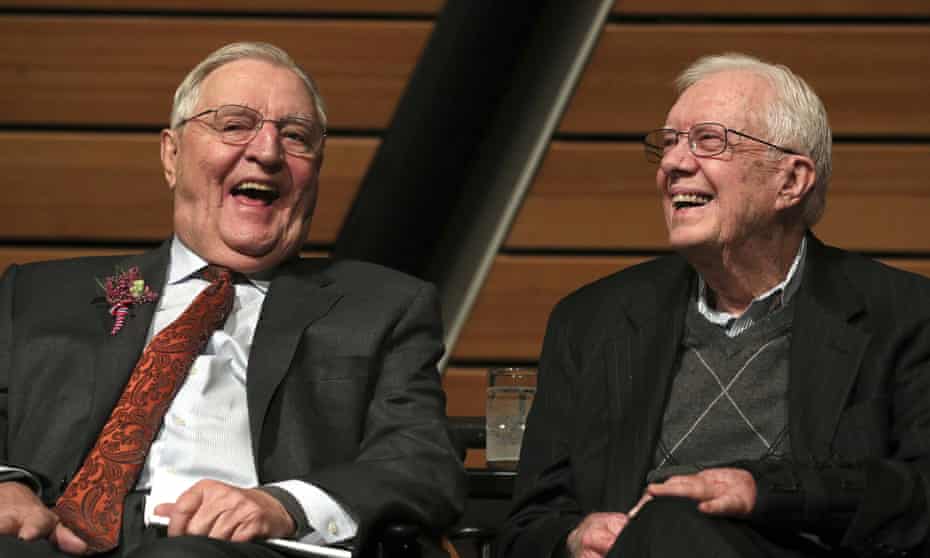 FILE - In this Saturday, Jan. 13, 2018, file photo, Mondale onstage with Carter during a celebration of Mondale’s 90th birthday on 13 January 2018, at the McNamara Alumni Center on the University of Minnesota’s campus, in Minneapolis.