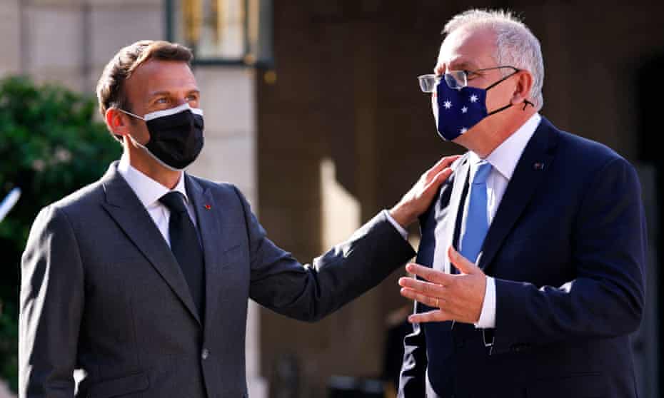 Emmanuel Macron and Scott Morrison in Paris on 15 June 2021.