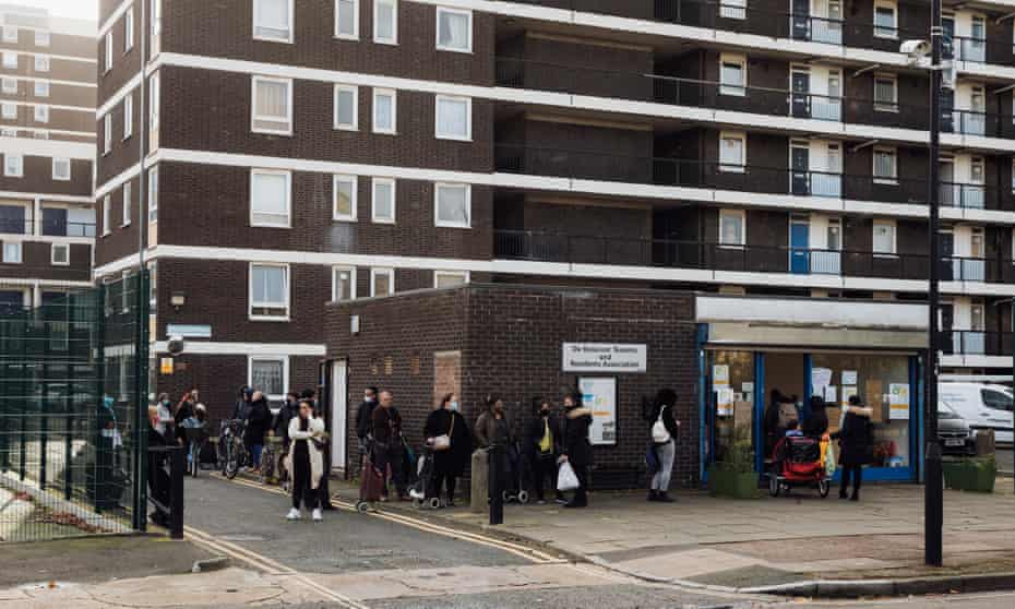 Queues are now often around the block at the Community Food Hub run by Children With Voices on the De Beauvoir Estate in Hackney, 12th November, 2020.