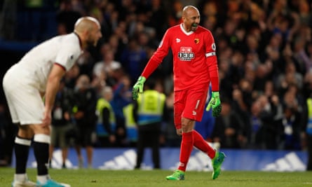 Watford goalkeeper Heurelho Gomes reacts after Cesc Fàbregas denied the Hornets a point at Stamford Bridge.