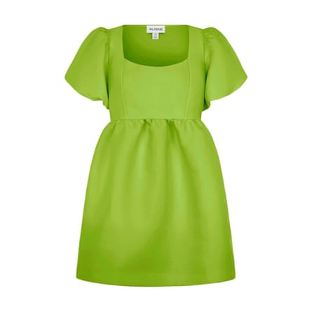 A lime green Puff Sleeve Satin Mini Dress with square neck line.