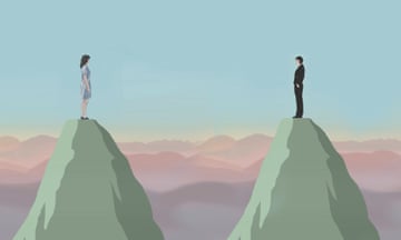 Man and woman standing on separate mountain peaks