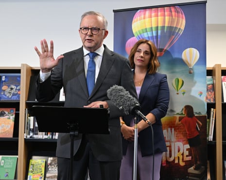 Australian prime minister Anthony Albanese and communications minister Anika Wells speak to the media