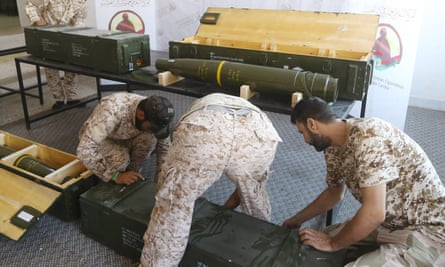 Fighters loyal to the Libyan Government of National Accord displaying Chinese-made shells bearing the markings of the United Arab Emirates