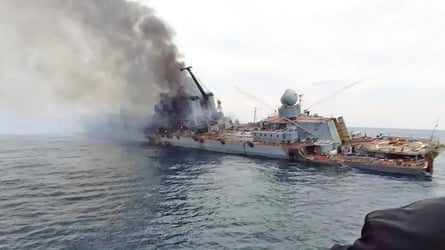 Russian cruiser Moskva, damaged by Ukrainian anti-ship missiles prior to its sinking