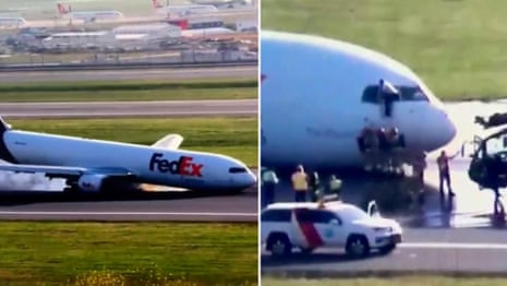 Pilot climbs from window after Boeing cargo plane crash lands at Istanbul airport – video