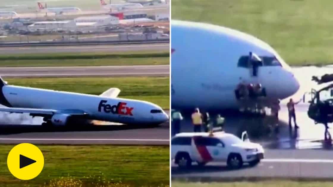 Pilot climbs from window after Boeing cargo plane crash lands at Istanbul airport – video