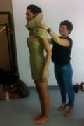 Model being fitted with leather dress created by Úna Burke