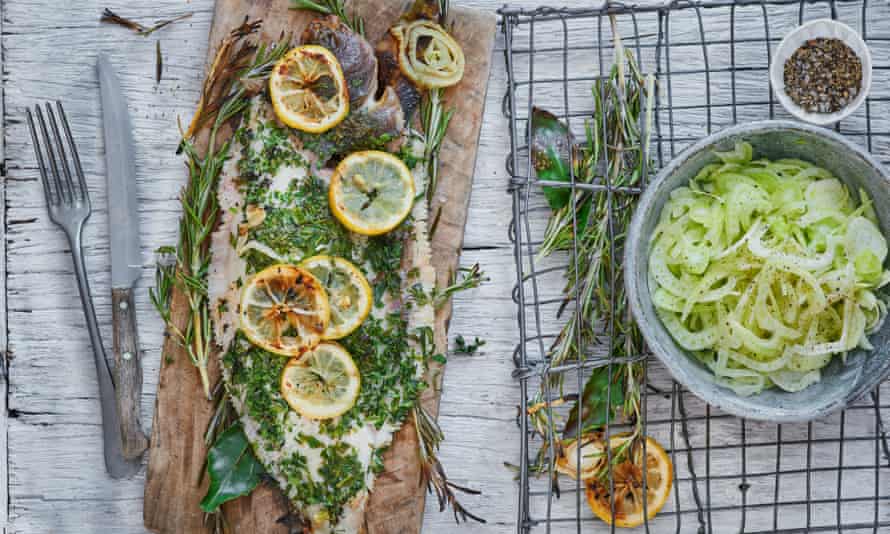 Aromatic lemon sole with bay and fennel tops.