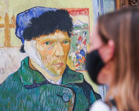 Self-Portrait With Bandaged Ear by Vincent Van Gogh (1889) on display at the Courtauld Gallery in London, 2021.