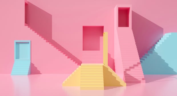 Pastel 3D rendering of stairs and portals leading up and down