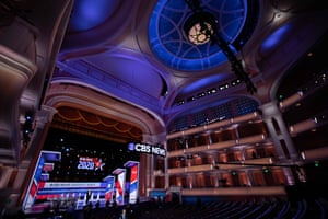 Staff from CBS News make final preparations on the Democratic National Committee debate stage in Charleston, South Carolina.