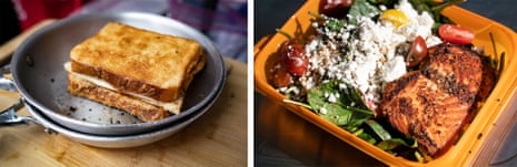 Left: A cactus tempura turkey sandwich cools before being served at a pop-up event in Española. Right: A native berries & seeds salad made with spinach, popped quinoa, amaranth, candied pumpkin seeds, roasted sunflower seeds, feta cheese, heirloom tomatoes and a salmon filet.