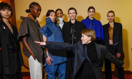 Lilia Litkovska with some of models wearing her collection backstage in Paris.