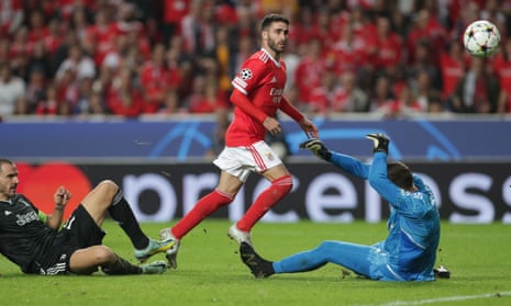 Benfica's Rafa Silva (centre) scores their fourth goal.