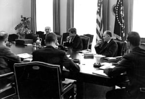 Washington DC, September, 1962. President John F. Kennedy holds emergency talks with aides in the White House at the time of the Cuban Missile Crisis.