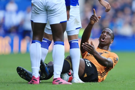 Wolverhampton Wanderers’ Willy Boly points an accusing finger during the Premier League match against Everton.