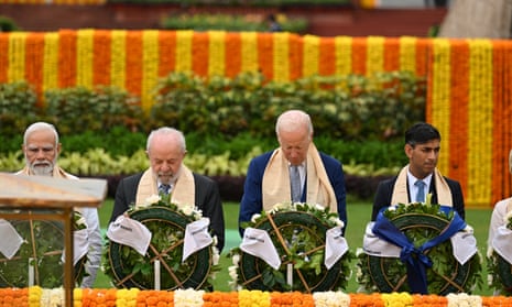 Indian leader Narendra Modi, Brazilian president Luiz Inacio Lula da Silva, US president Joe Biden and UK prime minister Rishi Sunak visit Raj Ghat memorial with other G20 leaders.
