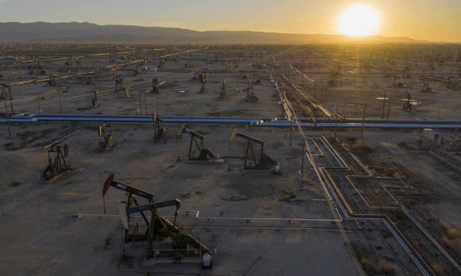 An arial view of an oilfield in Kern county, California. Debate is raging in the region over new oil and gas developments, which prop up the local budget but raise environmental and health concerns. 