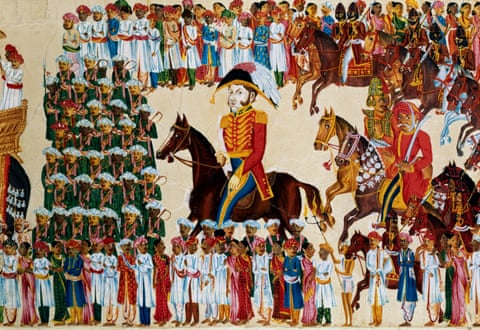 An English grandee of the East India Company depicted riding in an Indian procession, 1825-1830. 
