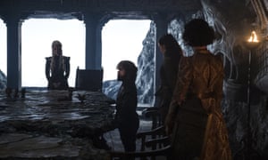 Emilia Clarke as Daenerys Targaryen, Peter Dinklage as Tyrion Lannister, Gemma Whelan as Yara Greyjoy, and Indira Varma as Ellaria Sand