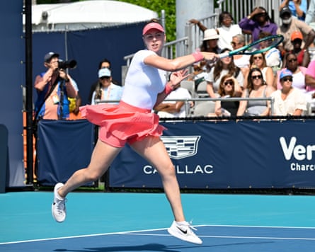 Talia Gibson plays a forehand while beating and former world No 1 Naomi Osaka at the Miami Open