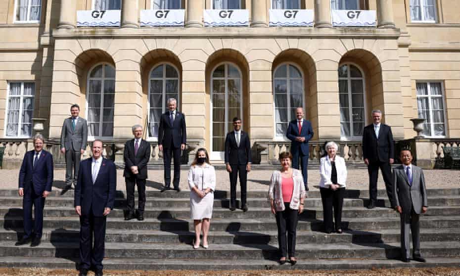 Representatives for the G7 finance ministers’ meeting, including the UK chancellor, Rishi Sunak, at Lancaster House, London.