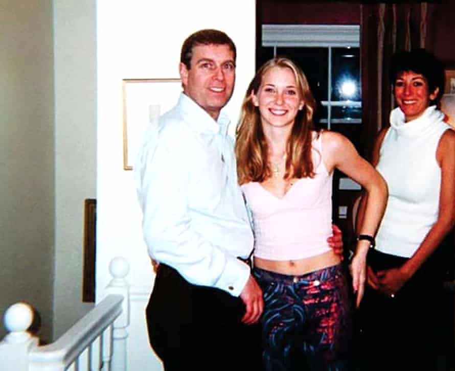 Maxwell in 2001 at her London house standing behind Prince Andrew and Virginia Roberts (now Giuffre).