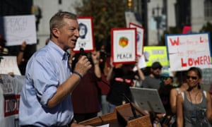 Tom Steyer speaking at San Francisco City Hall last month. He calls Trump a ‘clear and present danger’. 