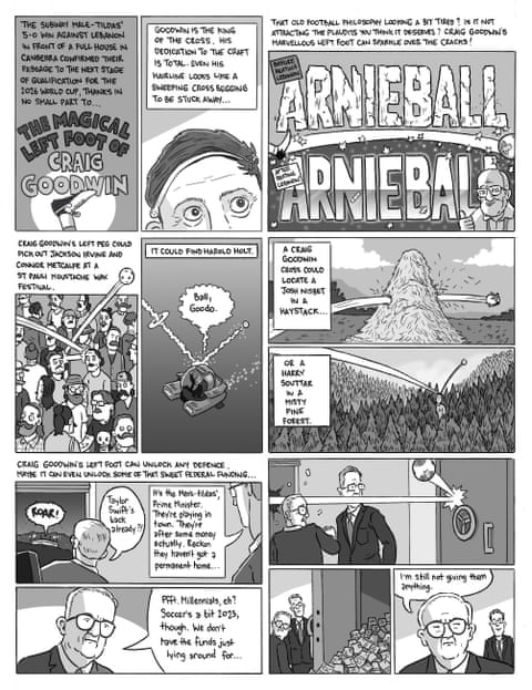 Cartoon embed. David Squires on … a tribute to Craig Goodwin’s left foot, panel 1