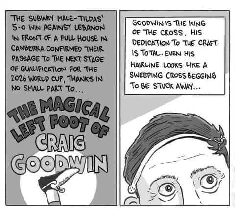 Cartoon embed. David Squires on … a tribute to Craig Goodwin’s left foot, panel 1