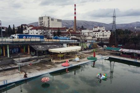 A faked image in the small North Macedonian town of Veles, showing blown-up pool toys in an industrial harbour