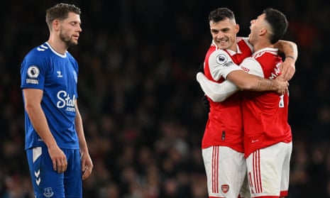 Gabriel Martinelli celebrates scoring the team's second goal with Granit Xhaka.