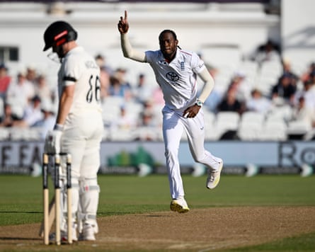 Jofra Archer of England celebrates dismissing Henry Nicholls