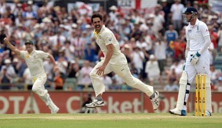 Mitchell Johnson celebrates after taking a wicket in Perth in December 2013.