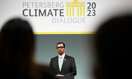 Sultan Al Jaber speaking at the start of the Petersberg Climate Dialogue in Berlin.