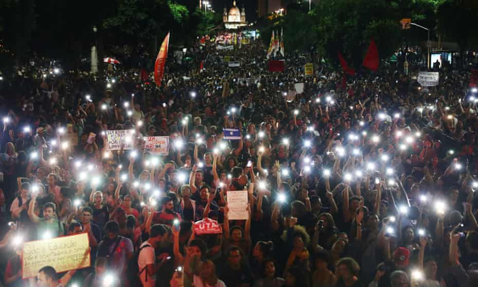 University professors and students protest in Rio against cuts to federal spending on higher education.