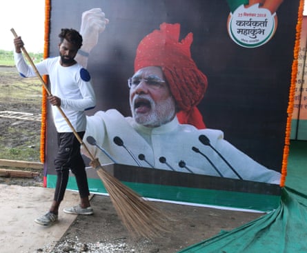 Preparations for a BJP rally featuring Narendra Modi in Bhopal, India.