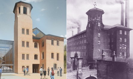 An impression of Derby’s Museum of Making alongside a picture of the original silk mill taken in 1908, showing the now Grade I-listed iron gates.