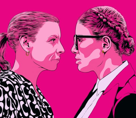 Illustration of Coleen Rooney and Rebekah Vardy's faces against pink background