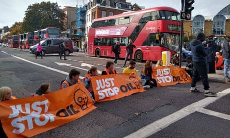 Just Stop Oil protesters blocking Upper Street in Islington.