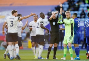 Leicester City’s Kasper Schmeichel applauds after the goal was chalked off.