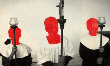 Illustration of altar boys with their faces blocked out.